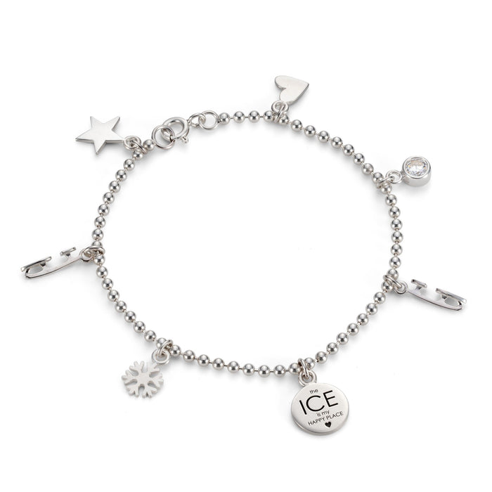 Handcrafted ice skating charm bracelet featuring tiny ice skate blades, stars and hearts on a white background