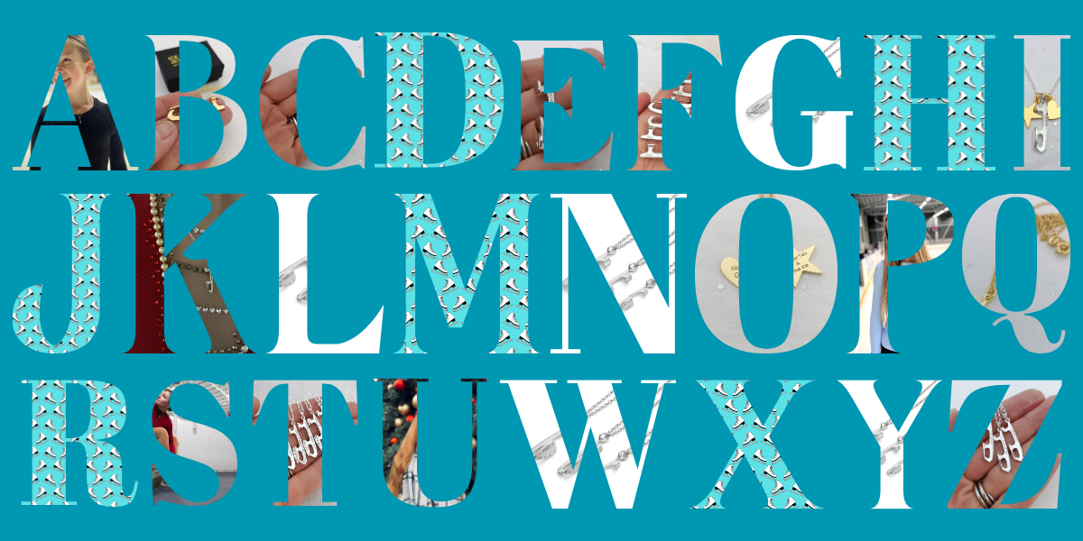 Alphabet letters with figure skating themed images on a teal background
