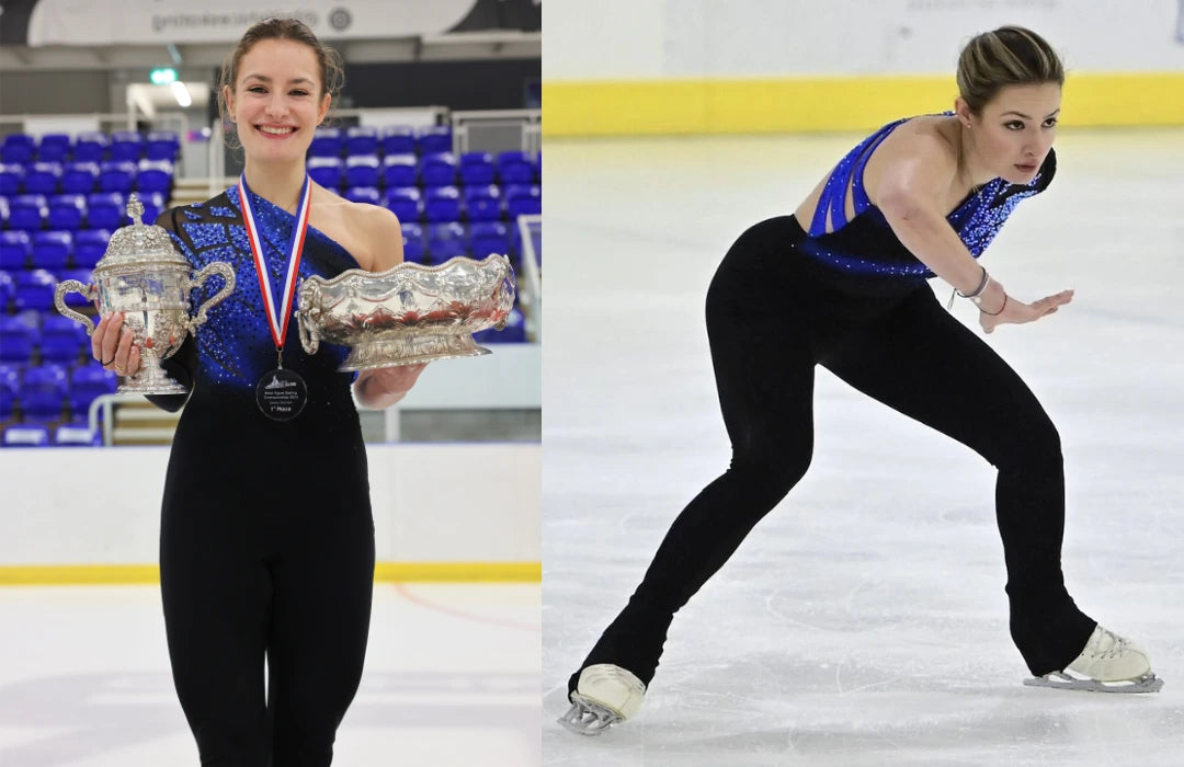 Two images of a figure skater on an ice rink; one holding trophies, the other in action.