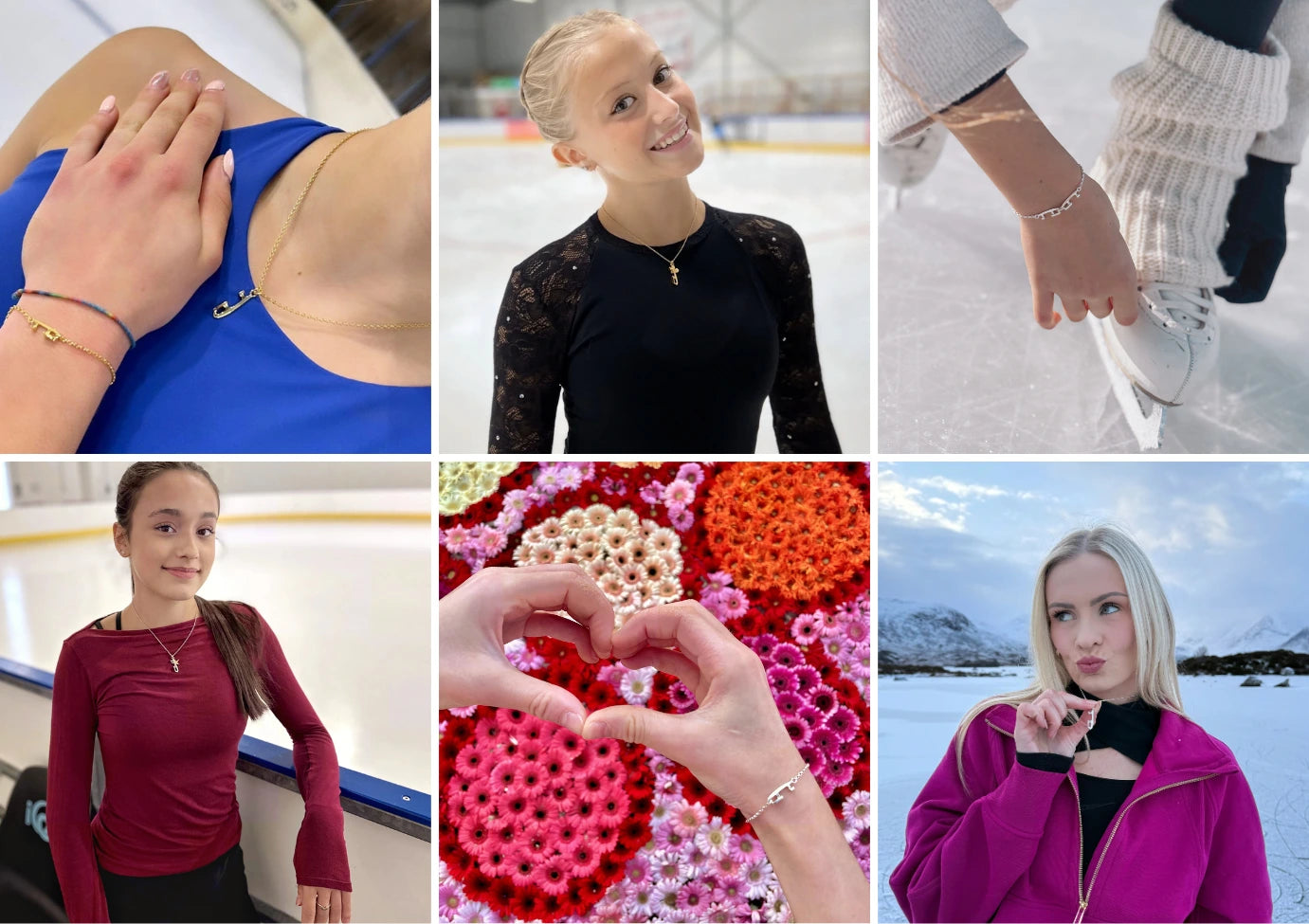 collage image of figure skaters wearing ice skating jewellery