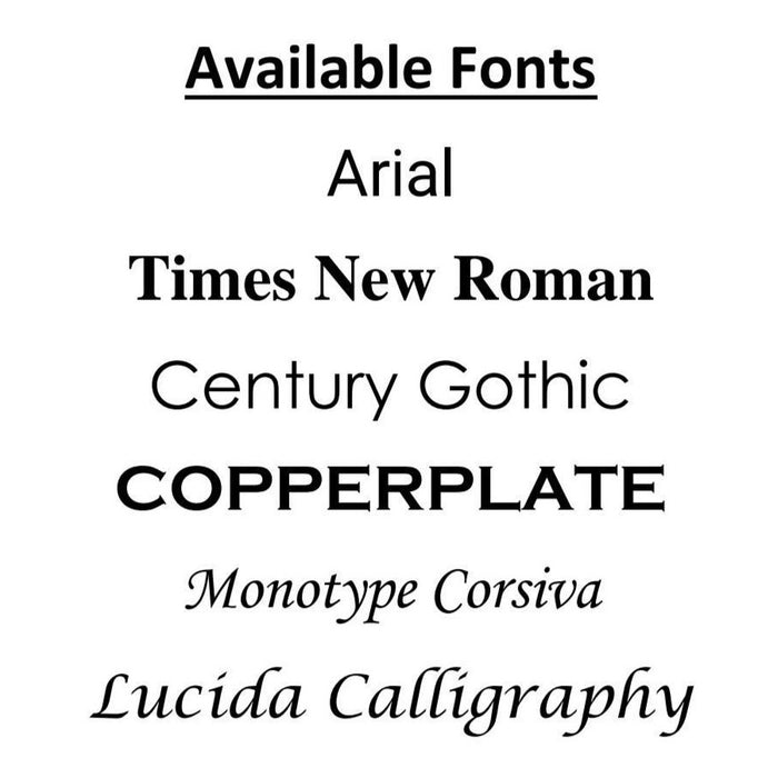 available fonts chart for personalised ice skating jewellery