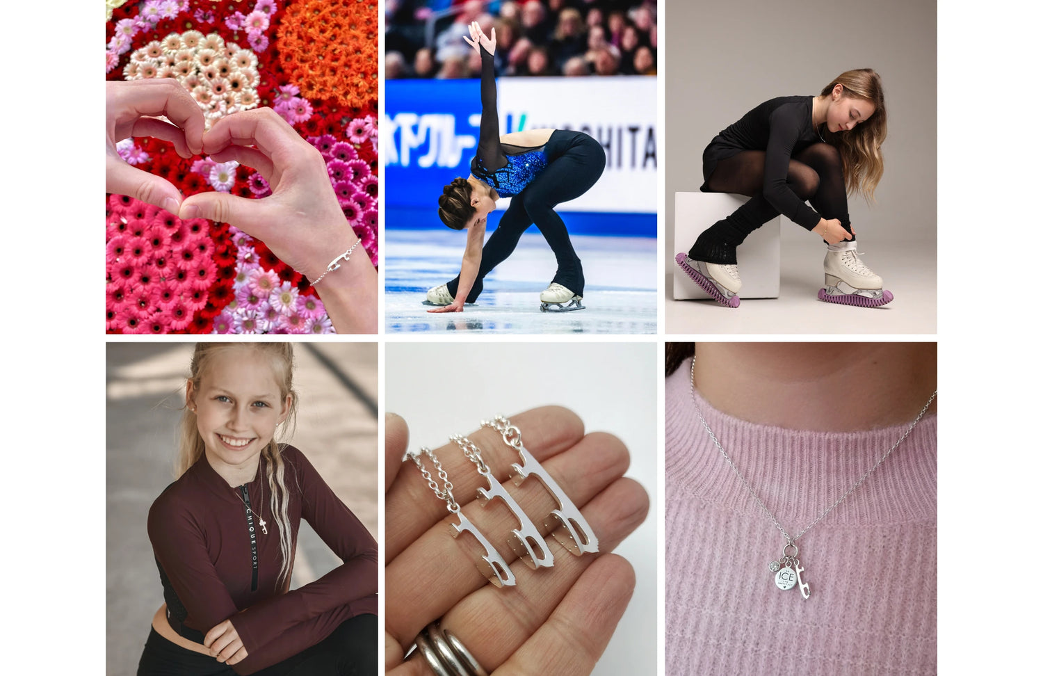 six images of figure skaters and ice skating jewellery