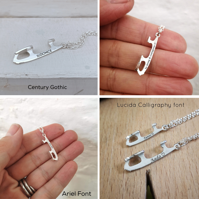 four images of ice skate blade  necklaces and the different fonts available for personalisation