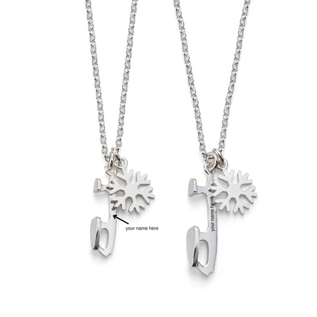 Two silver necklaces with snowflake charms and ice skate blade pendants, one small and one medium in size, displayed against a white background.