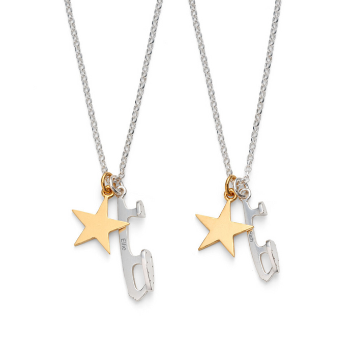 personalised silver necklaces with silver ice skate blades and star charms on a white background