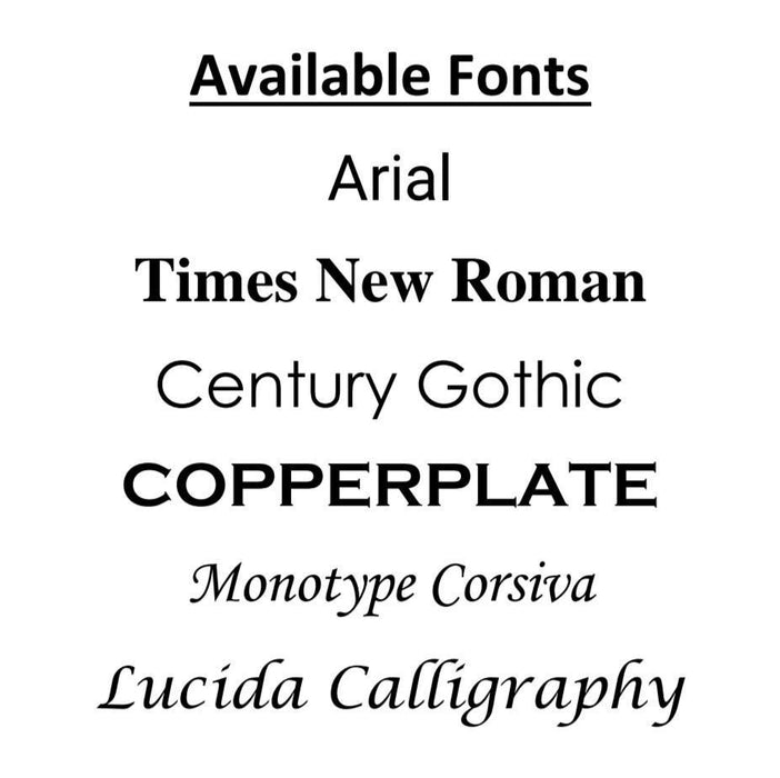 chart showing fonts available for personalisation of ice skating jewellery