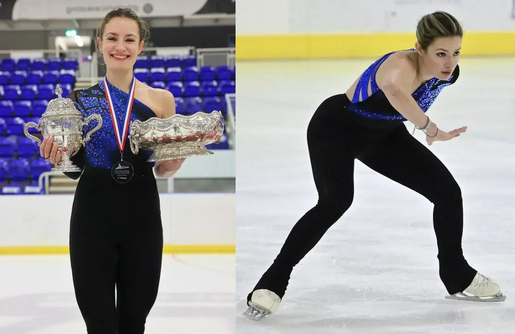 two images of british figure skating champion kristen spours on ice