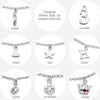 Collection of silver charms on necklaces with options to choose three, five, or seven charms.