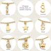 Collection of gold charms on a white background with text indicating options to choose three, five, or seven charms.