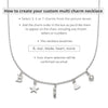 instructions on how to create your multi charm necklace with a charm necklace on a white background