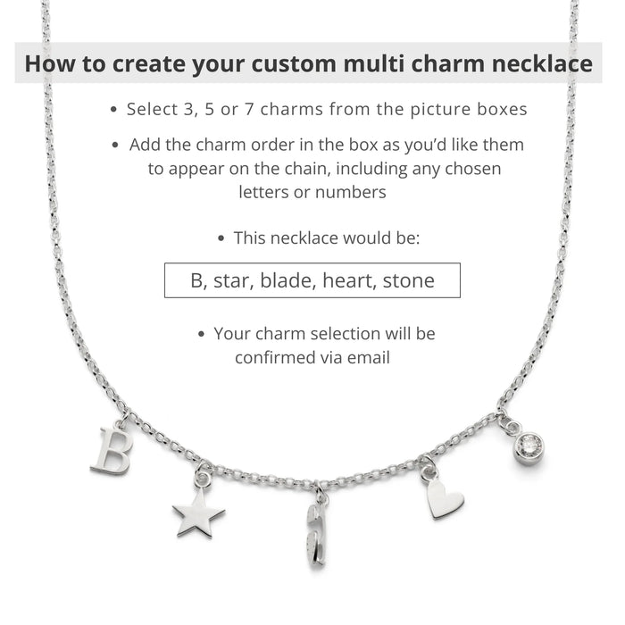 instructions on how to create your multi charm necklace with a charm necklace on a white background