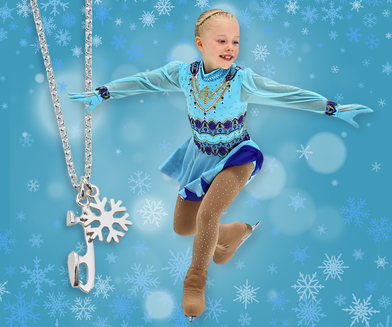 fiure skater in a blue sparkly dress on a blue background with snowflakes and a ice skate blade and snowflake necklace