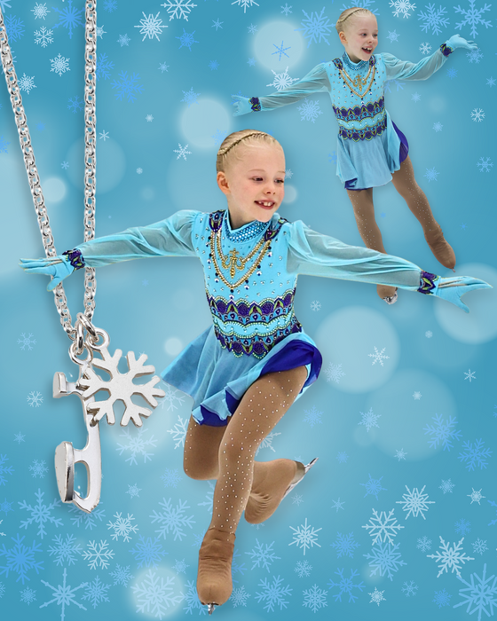 Figure skater in a blue sparkly dress collage image, with a silver snowflake ice skating necklace