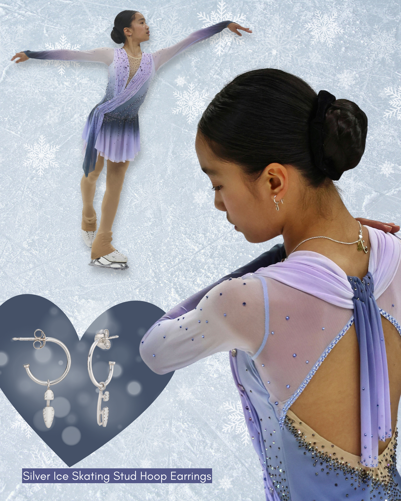 figure skater wearing silver ice skating hoop earrings on ice