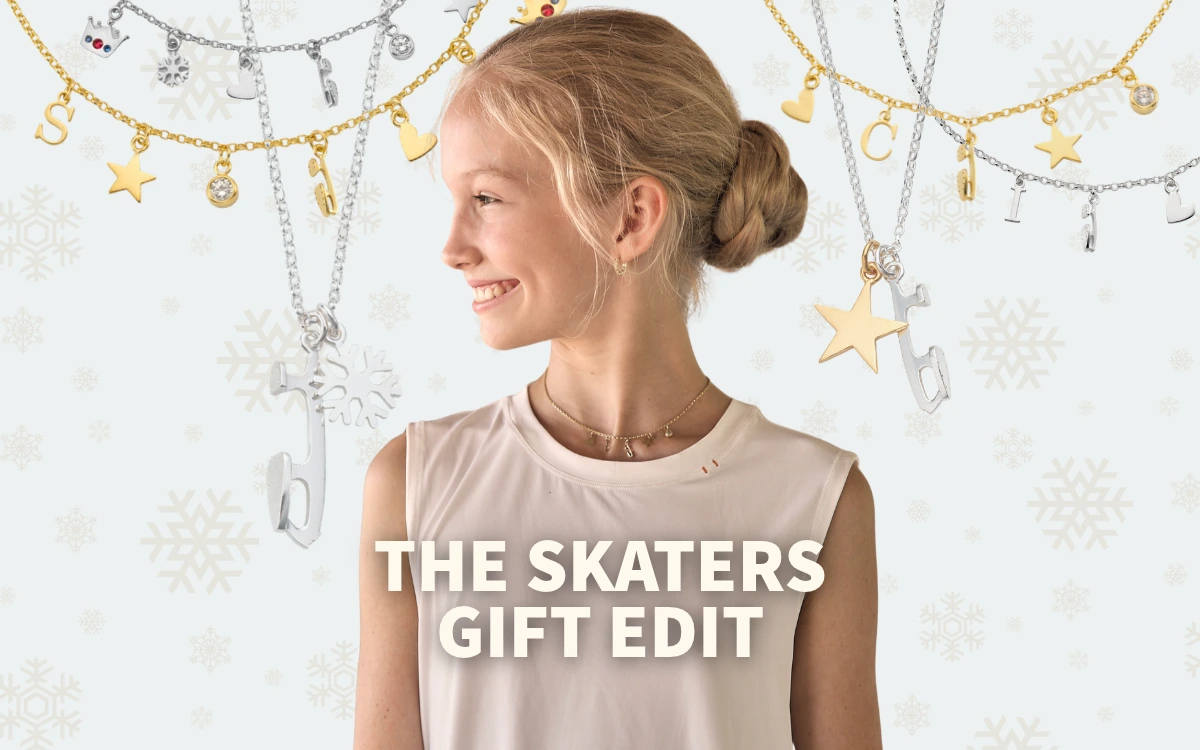 a girl wearing a cream vest and a gold charm necklace looking right, behind her are necklaces in silver and gold strung like christmas decorations, a big sign in white in fron syas 'THE SKATERS GIFT EDIT'