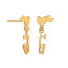 gold ice skate blade and heart stud earrings on a white background