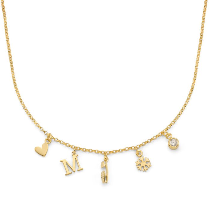 Gold necklace with various charms on a white background