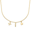 Gold necklace with 'M' , ice skate blade and star charms on a white background