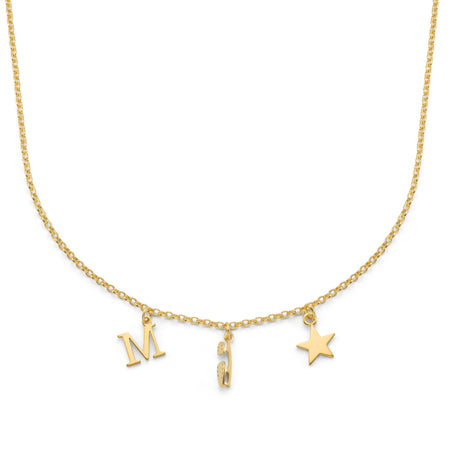 Gold necklace with 'M' , ice skate blade and star charms on a white background