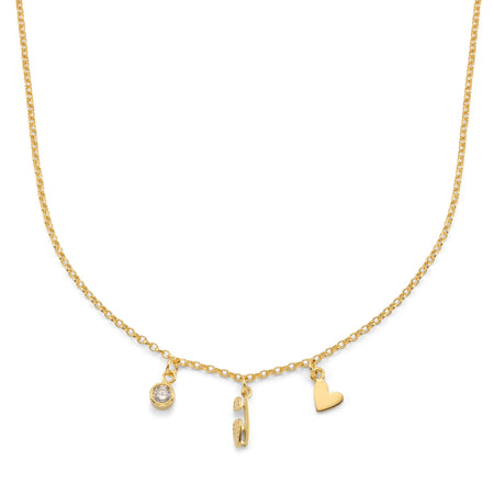 Gold necklace with various charms on a white background