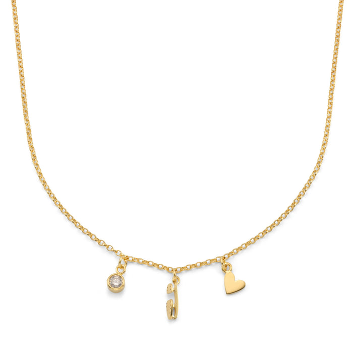 Gold necklace with various charms on a white background
