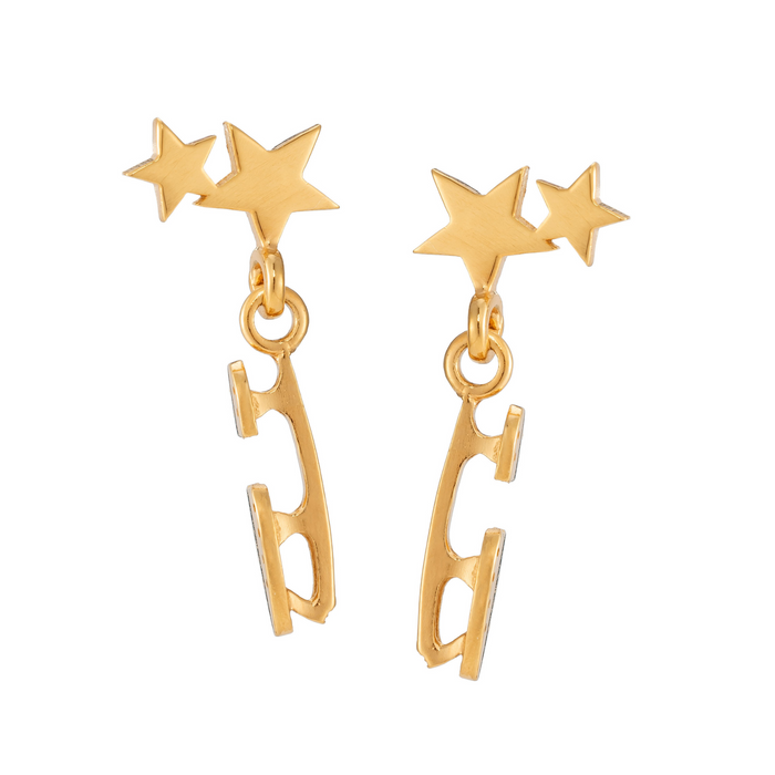 gold ice skate blade and star stud earrings on a white background