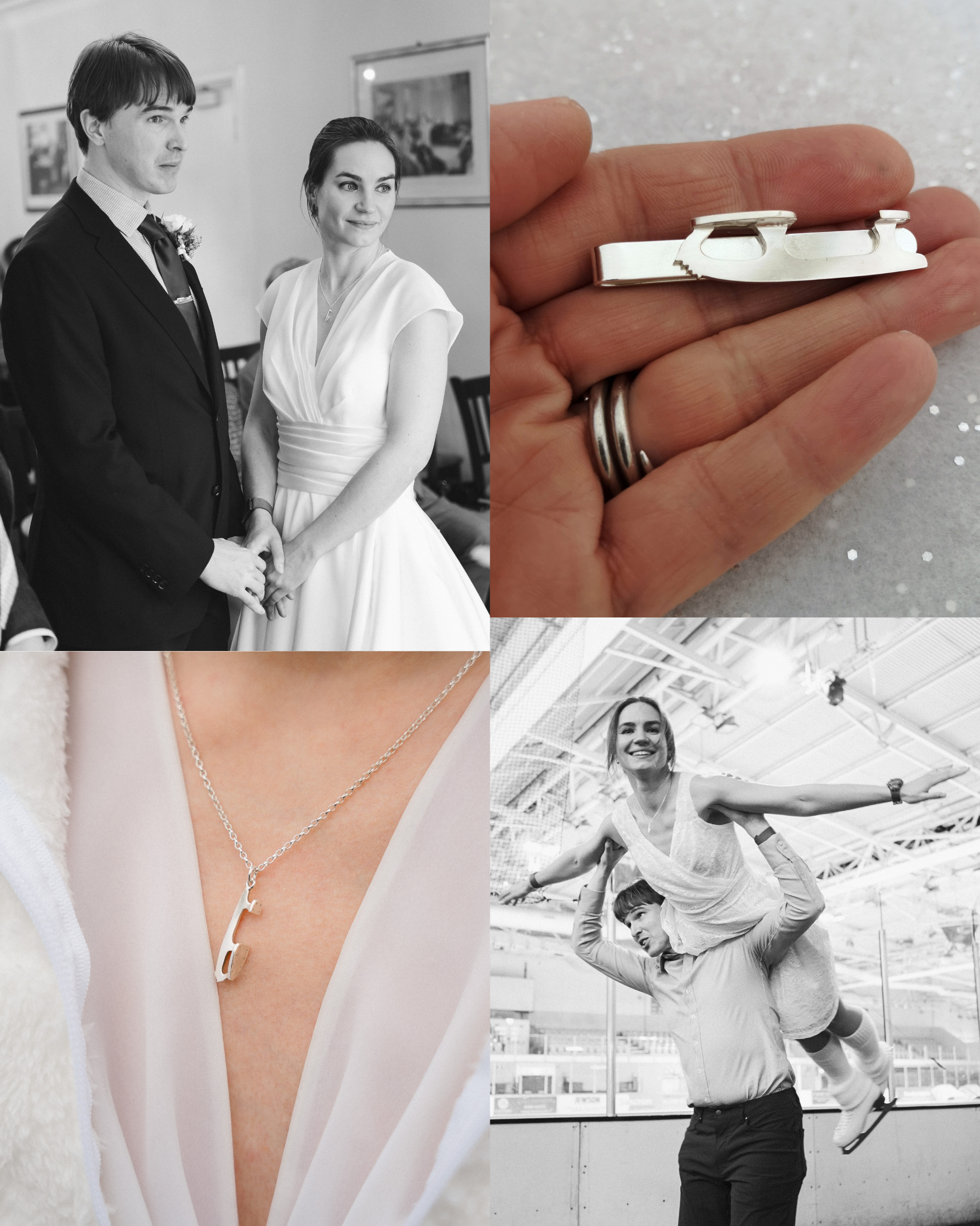 collage of images showing a bride and groom getting married, wearing ice skating jewellery and going ice skating in wedding clothes