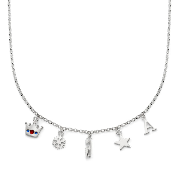 Silver Necklace with various charms including a crown, ice skate blade, snowflake, star, and letter 'A' on a white background.
