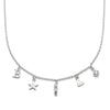 Silver necklace with various charms on a white background