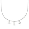 Silver necklace with 'H', ice skate blade, and star charms on a white background