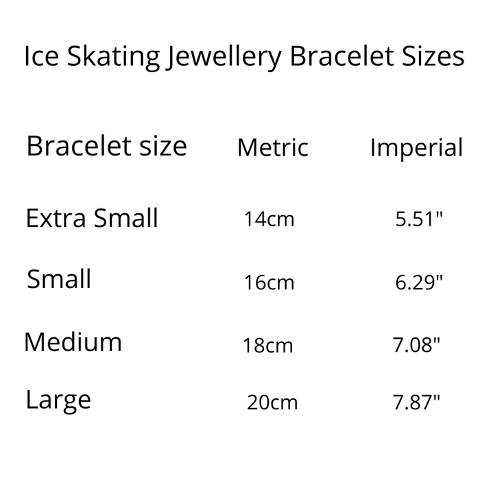 Ice Skating Jewelelery Bracelet sizes chart in metric and imperial sizing