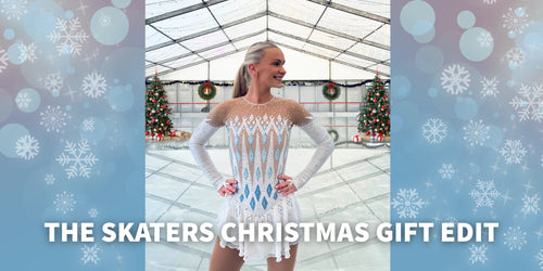 Woman in ice skating dress with Christmas decorations and text 'The Skaters Christmas Gift Edit' on a festive background.