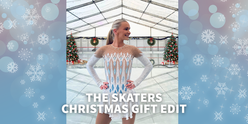 Woman in a sparkly dress in a Christmas decorated ice rink with text 'The Skater's Christmas Gift Edit'.