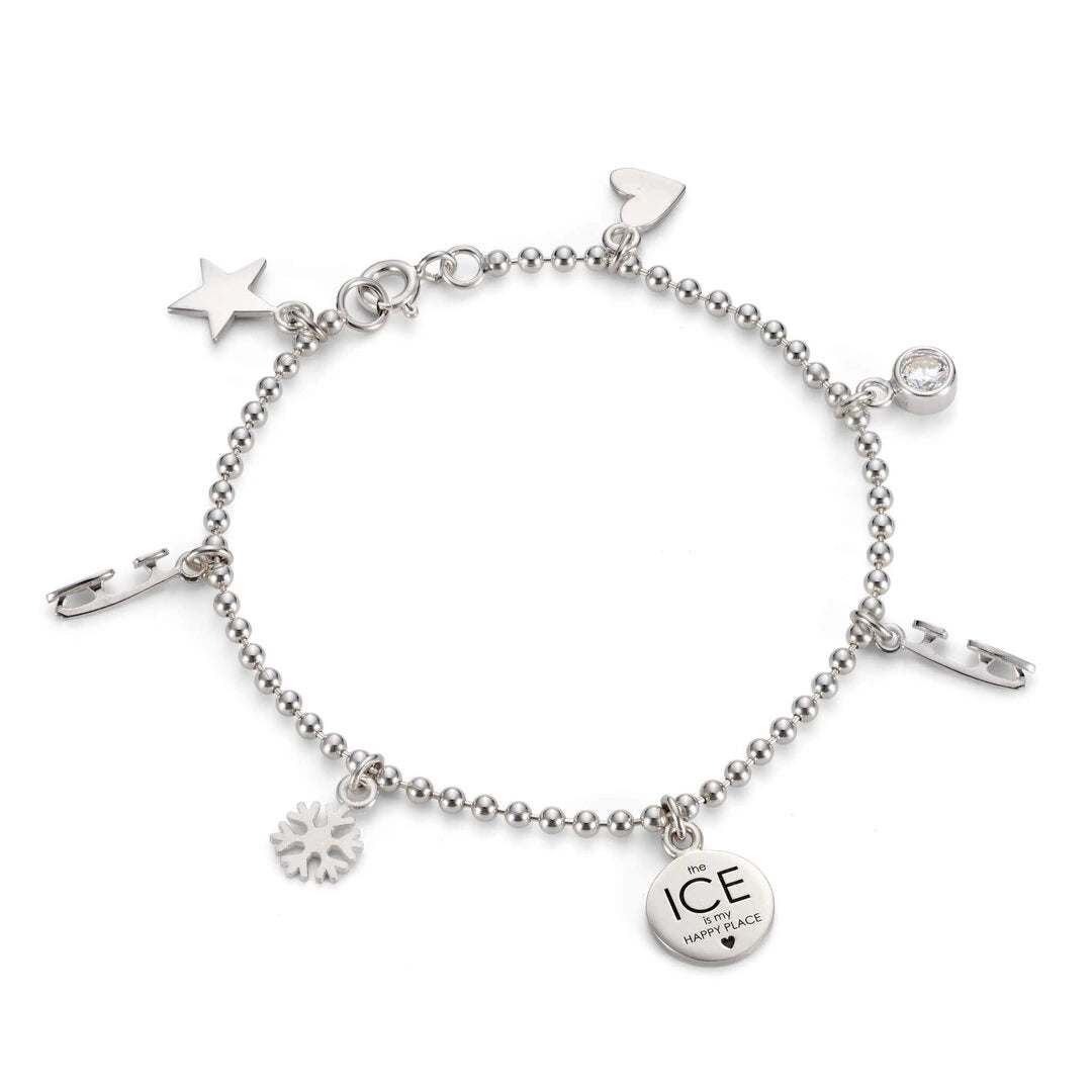 A silver charm bracelet with a beaded chain, featuring multiple dangling charms including a star, heart, ice skate blades, a snowflake, and a round disc engraved with 'the ICE is my HAPPY PLACE'.